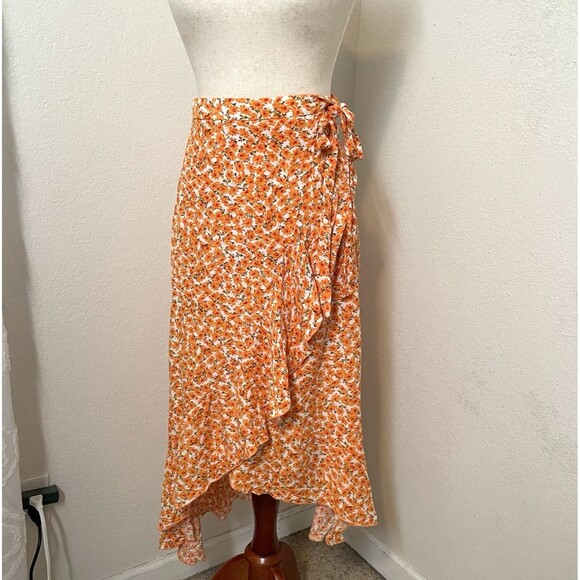 Simplee Boho Dixie Floral Wrap Skirt Ruffle Women Large Orange Flirty 90s Y2k - Picture 1 of 8